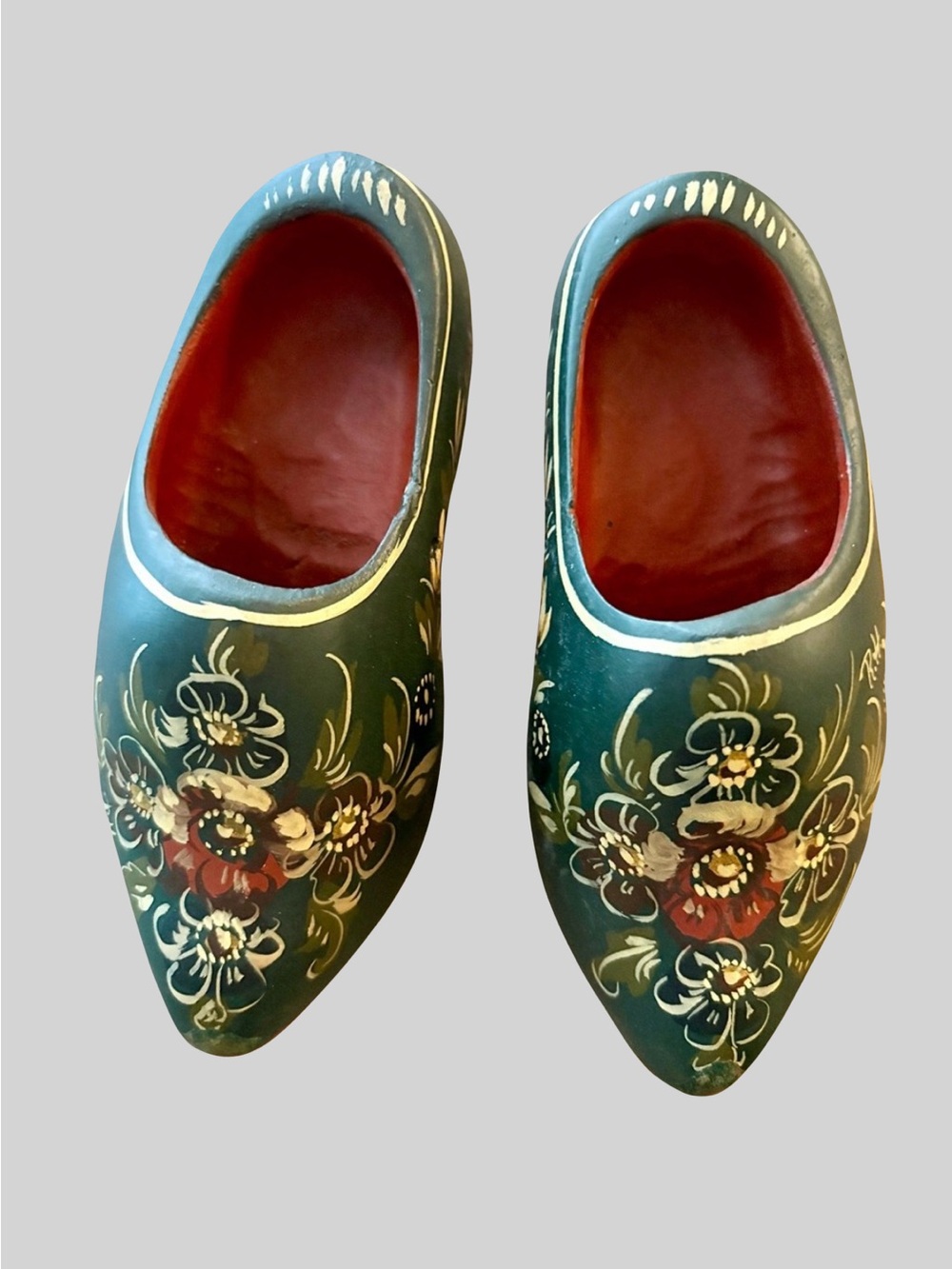 Vintage Hand Carved Painted Green Floral Wooden Clogs⁠